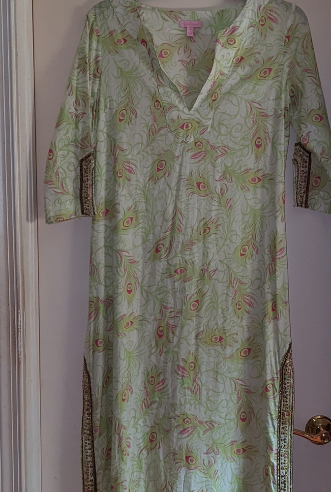 Vintage Lilly Pulitzer peacock print embellished maxi dress. Made in India.